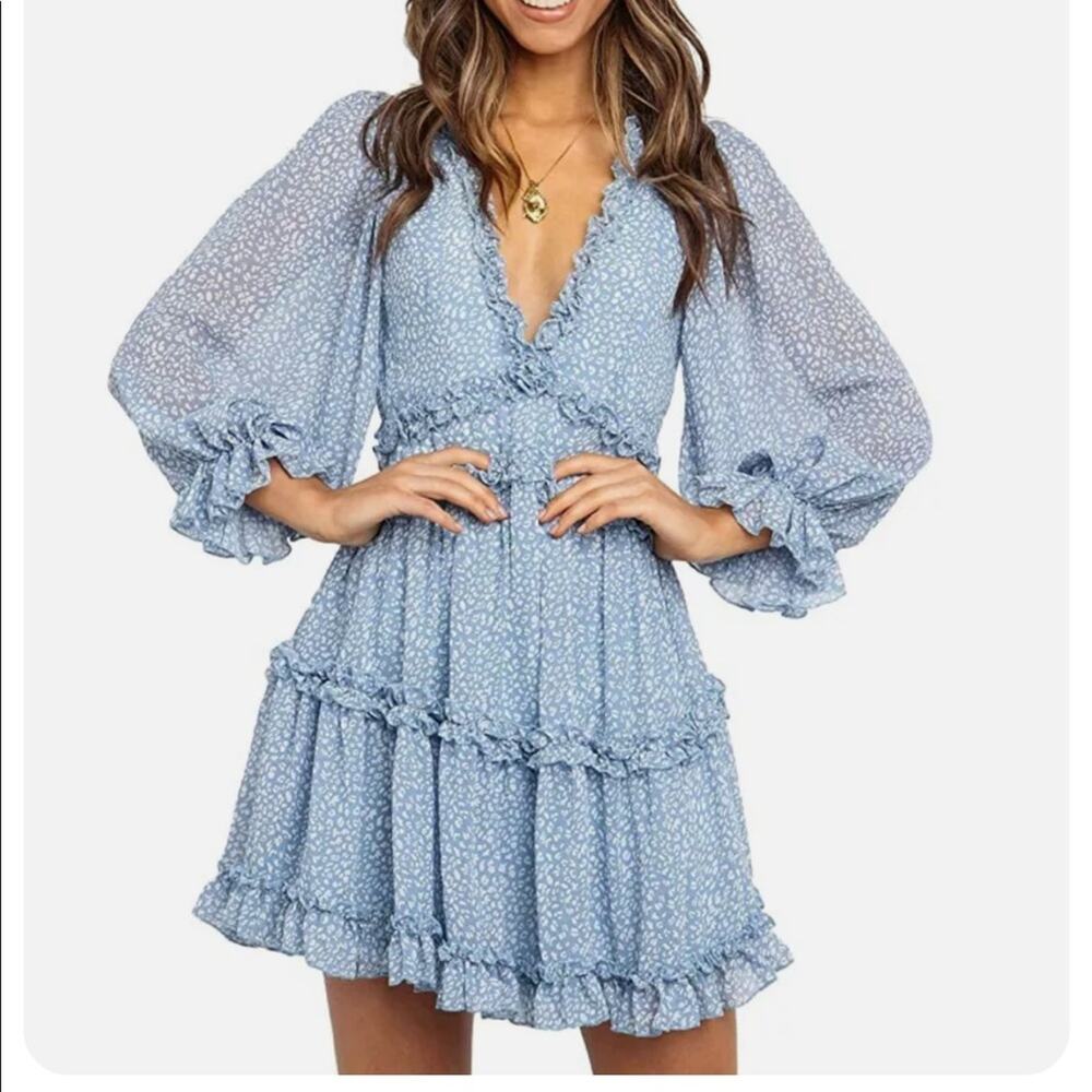 Unbranded Amazon ruffle cut out floral printed blue tiered dress